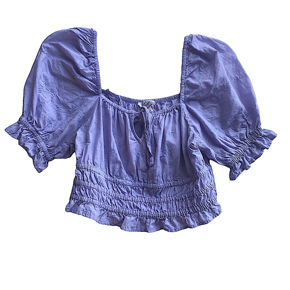 Dizzy Lizzy Lavender Floral Stitch Puff Sleeve Cropped Peasant Top